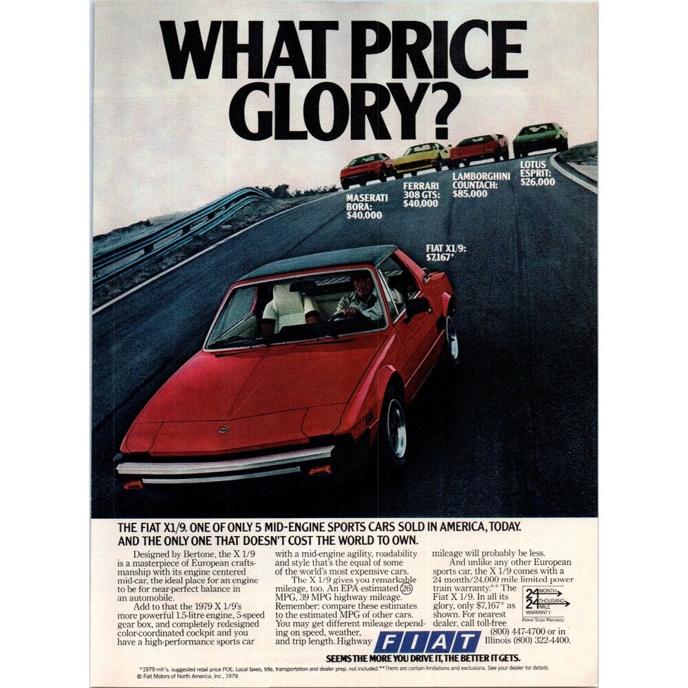 1979 Fiat X1/9 Door Coupe Vintage Print Ad Mid Engine Sports Car 70s Wall Art